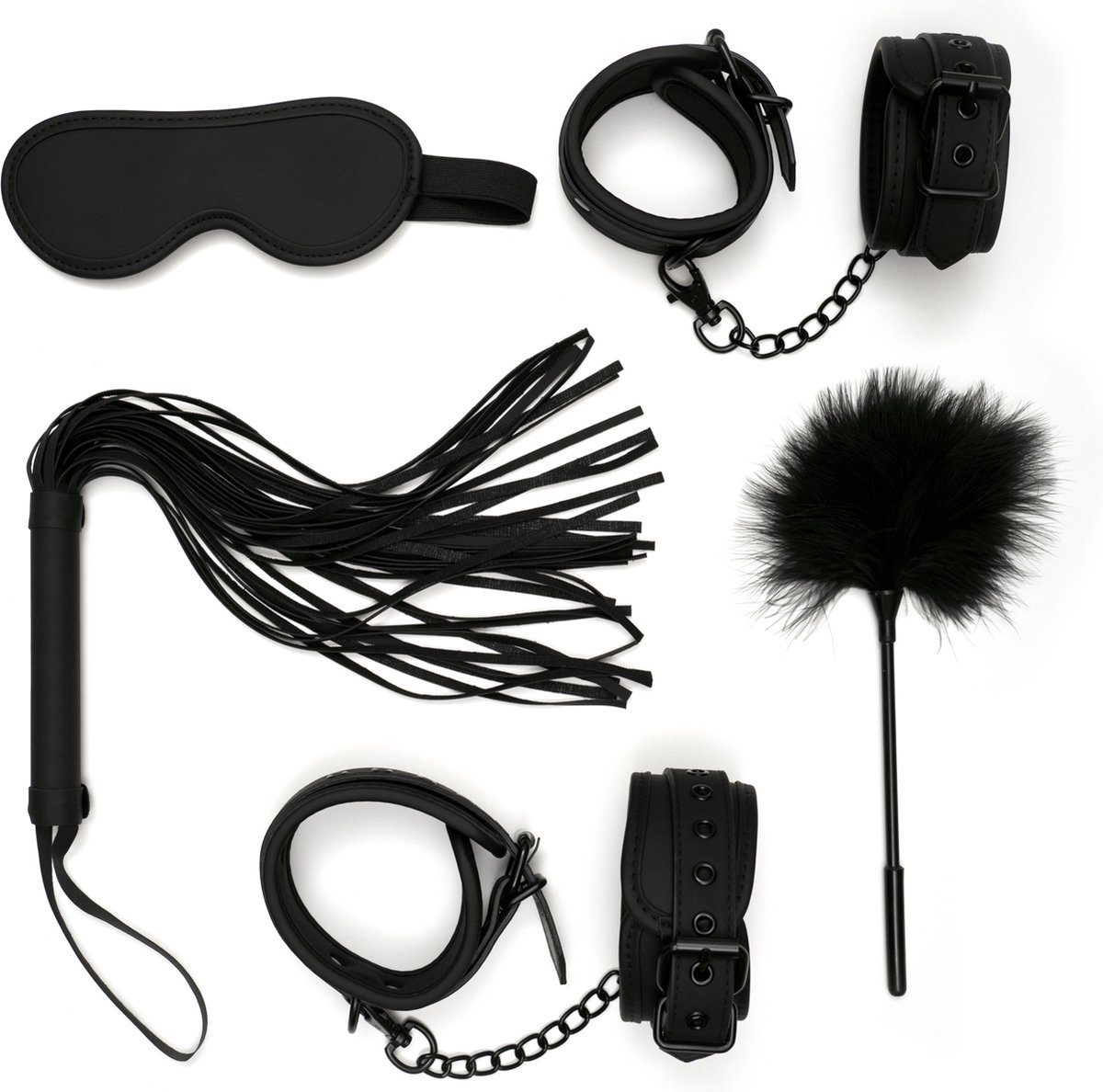 Goedkoopste Flex BDSM Kit 6 (5stk.) - Handboeien - Enkelboeien - Flogger - Kietelaar - Masker - Beginner - BDSM - Koppels - Seksspeeltjes