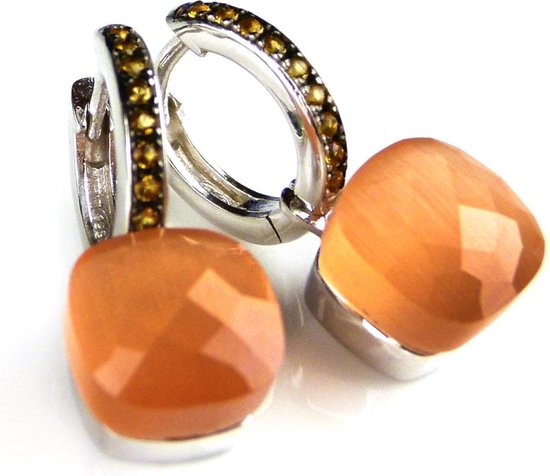Zilveren oorringen oorbellen model pomellato gezet met oranje steen