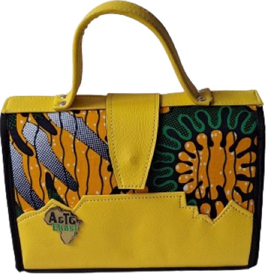 Jacqui's Arts & Designs - African design - damestas - elegant - geel - handgemaakt - Afrikaanse stof - vegan leer - Afrikaans geïnspireerd - faux leer - kleurrijk