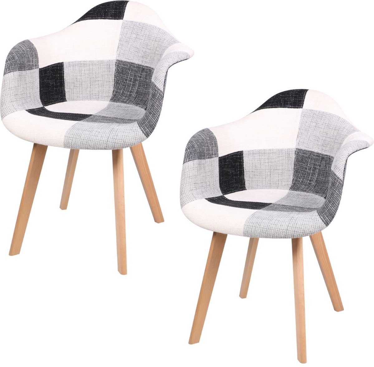 Urban Living SET VAN 2 "PATCHWORK" BLACK & WHITE FAUTEUILS MET HOUTEN POTEN, 63×63×H46/H81 CM Zwart Wit