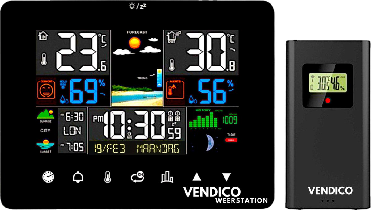 Vendico® Weerstation binnen en buiten - Met Touch Buttons - Draadloos weerstation met multifunctioneel kleurenscherm en buiten sensor