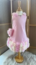 effen jurk met bloemetjes- vintage jurk met striklinten-feestjurk met handtas-galajurk-prinsessen jurk-bruidsmeisjes-bruiloft -verjaardag- fotoshoot- roze kleur-1 jaar maat 86