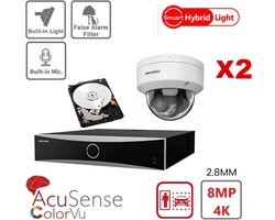 HIKVISION Acusense Camera Kit - Smart Hybrid Light + ColorVu - 2x 4k-8MP IP Camera Dome Geïntegreerde Audio - Acusense NXI-serie 4xChannel NVR met POE - 2TB harde schijf uitbreidbaar tot maximaal 4x IP-camera Nieuw!