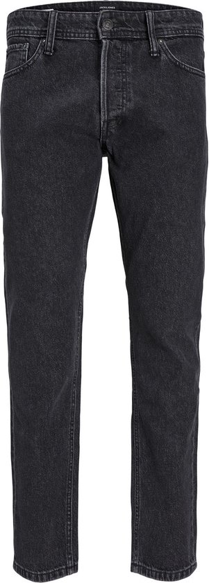 Zwarte jeans met knoopsluiting en vijf zakken.