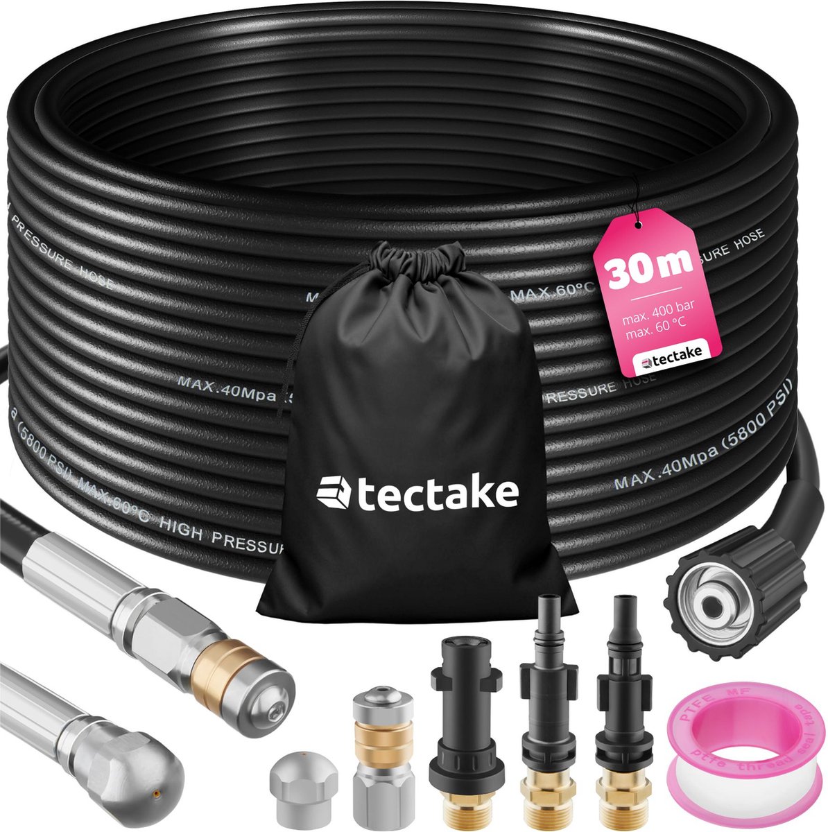 tectake® Rioolslang - Leidingreinigingsslang met 2x leidingreinigingsmondstuk - Afvoerreiniger voor hogedrukreinigers - Leidingreiniging voor afvoeren - Afvoerleiding - Rioolreiniger - Toiletreiniger - 30 meter op Prijzenvolger.com