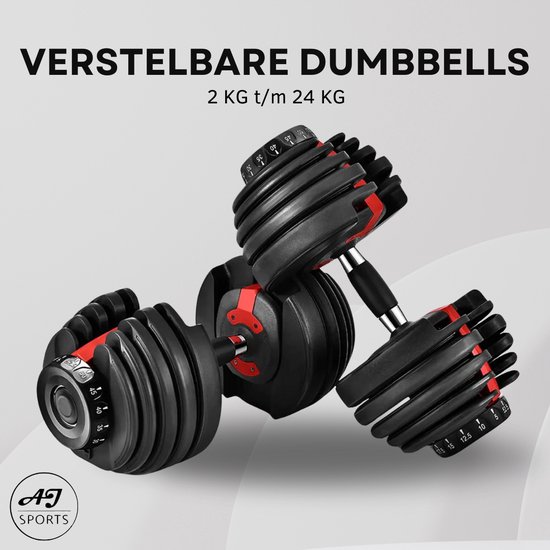 AJ-Sports Verstelbare Dumbell 24 KG - 2kg t/m 24kg - Dumbells set - Gewichten set - Halterset - Fitness gewichten - Krachttraining - Fitness - Gym - Sport - 15 Dumbells in één! - Let op PER STUK = 1 Dumbbell!