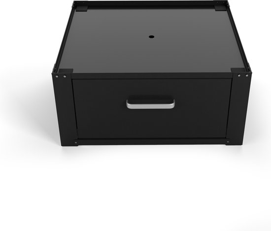 Surélévateur de lave-linge noir avec tiroir sorti, vu de face, avec un design épuré.