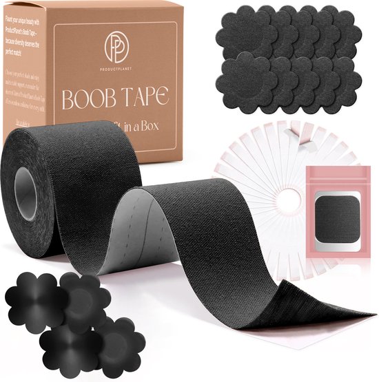 ProductPlanet® Premium Boob Tape Inclusief 20 Nipple Covers & 4 Siliconen Nipple Covers - 36 Dubbelzijdige Kleding Plakkers & Testkit - Cup A Tot F - Borst Tape - Plak Bh - BoobTape - Zwart
