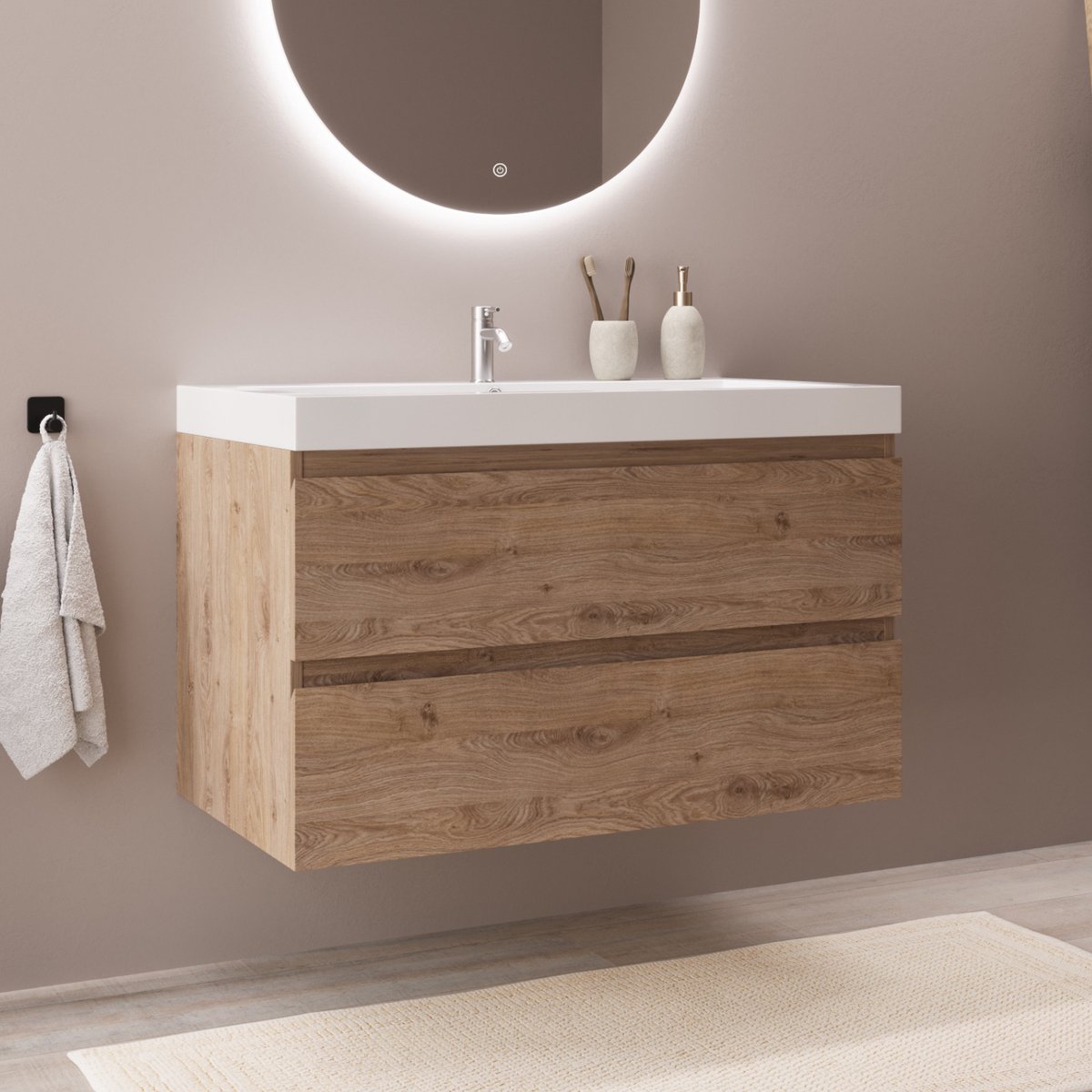 LOMAZOO Badkamermeubel Licht Eiken 80 cm - Wastafel Wit - Wastafelmeubel - Wastafelkast Zwevend [MONACO]
