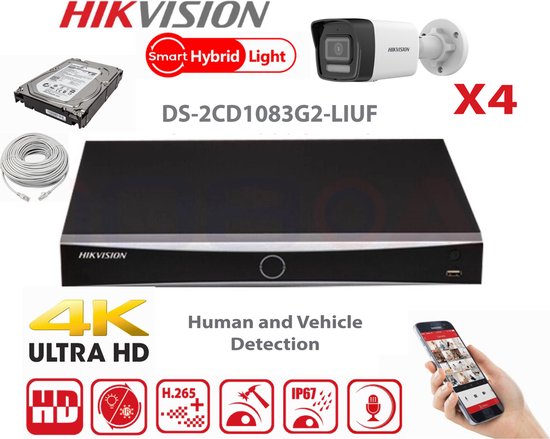 HIKVISION Camera Kit Smart Hybrid G2 Series 4x IP Camera Bullet 8MP - NVR 8xChannel - Hard Disk 2Tb Extensible To Max 8x IP Camera Nieuw