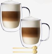 Dubbelwandige Koffieglazen Met Oor Met Gratis 2x Goud Lepels - Latte Macchiato Glazen - 400ML - Dubbelwandige Theeglazen - 2x - Cappuccino Glazen