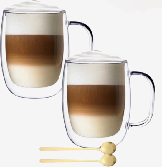 Cliste Verres à café à double paroi avec oreille avec 2 Cuillères Goud gratuites - Verres à latte macchiato - 400 ml - Verres à thé à double paroi - 2x - Verres à Cappuccino