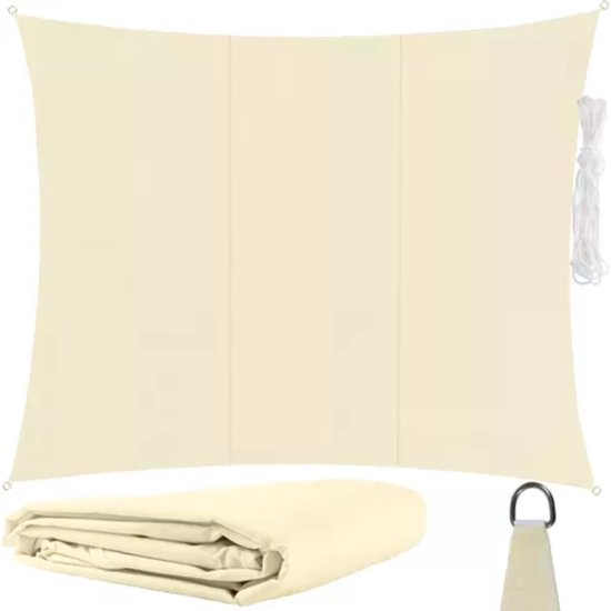 Beige schaduwdoek van Gardlov, uitgevouwen en opgevouwen, met touw en D-ring.