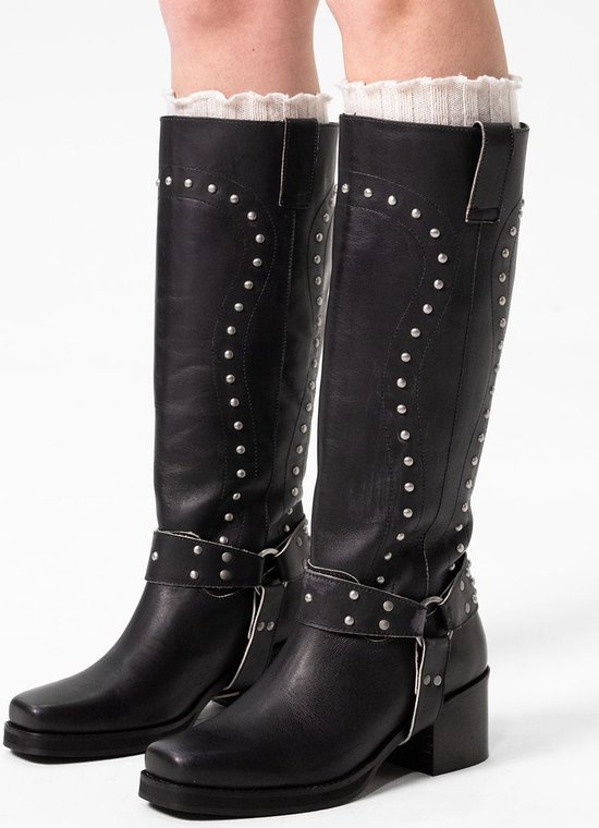 Sacha - Dames - Zwarte leren biker boots met studs - Maat 40