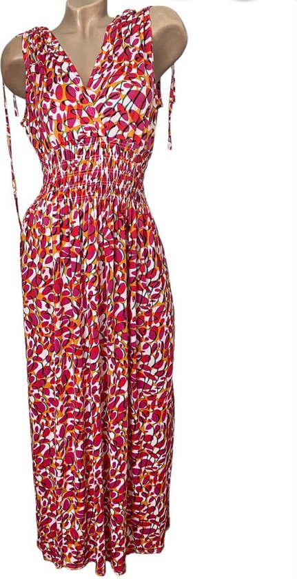 Dames maxi jurk met print L/XL (40-44) Fuchsia/wit/oranje/groen