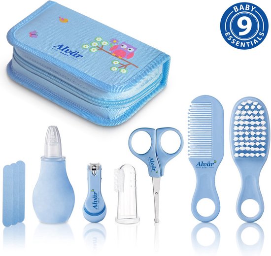 Foto: 9 delig baby verzorgingskit baby verzorgingsset baby verzorgingsproducten manicure set nagelset newborn care set kraam cadeau manicureset nagelknipper nagelvijl nagelschaartje borstel en kam neuszuiger en vingertandeborstel