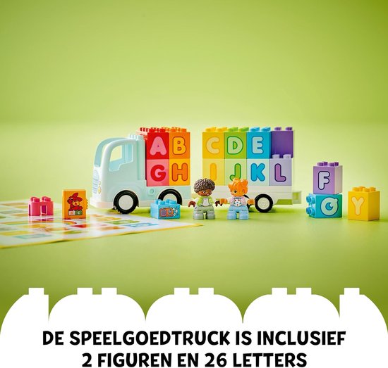 LEGO DUPLO Stad Alfabetvrachtwagen, Educatief Speelgoed voor Peuters vanaf 2 Jaar, ABC-Voertuig met Aanhanger met Letterstenen en Jongens- en Meisjes Figuren, Cadeau voor Kinderen 10421