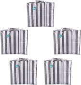 Set van 5 Zwarte&Wit Gestreepte Boodschappentassen - Reistas met Sterke Handvatten - Met Rits - Opvouwbaar - 55cm x 30cm x 50cm - Plastic - 82 Liter Big Shopper
