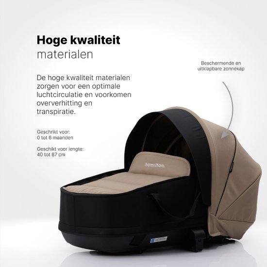 Hamilton by Yoop Premium Bassinet - Draagbare wieg voor baby - Eenvoudig monteerbare reiswieg voor de kinderwagen - Ruim en comfortabel reisbed met optimale luchtcirculatie - Uittrekbare zonnekap - Met buggy adapters - Kaki van Hamilton — afbeelding 2