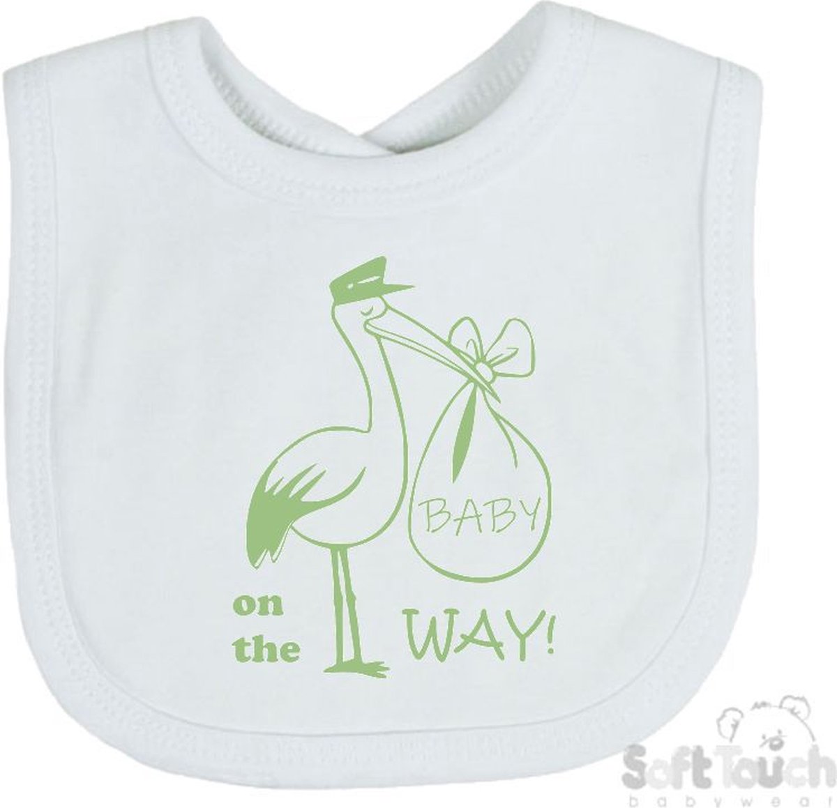Goedkoopste Soft Touch Slabber Slabbetje Slab Zwangerschap Aankondiging 2.0 Baby on the way ! 2.0 Ooievaar Unisex Katoen Wit/sage green (salie groen) Maat 33x22 Cm