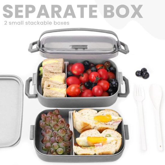 Bento Box Lunchbox 1600 ML,2 in 1 PP Broodtrommel met 3 Vakken, Duurzame Snackbox met Lepel, Lunchbox voor Volwassenen en Kinderen, Broodtrommel voor School Werk Picknick Reizen