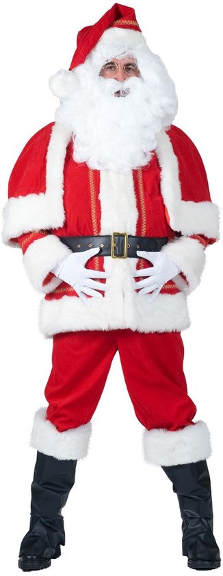 Santa Claus kostuum: rode jas met witte bontrand, cape, broek, riem, handschoenen en muts. Voorkant zichtbaar.