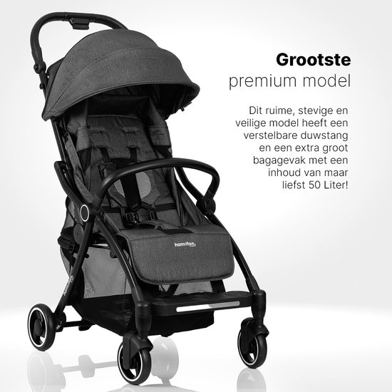 Hamilton by Yoop XL Buggy - MagicFold™ Technologie - Tot 22kg - 50 liter Bagagevak - Grote Premium Wandelwagen - Plooibuggy Baby - Inklapbaar - Kinderwagen met Verstelbare Duwstang - Gemêleerd donkergrijs van Hamilton — afbeelding 4