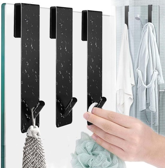 4 stuks douchedeurhaken, dubbelzijdige metalen haken met zeer sterke EVA-pads zonder boren, voor frameloze glazen douchedeuren met een dikte van 0,5 tot 1 cm (zwart
