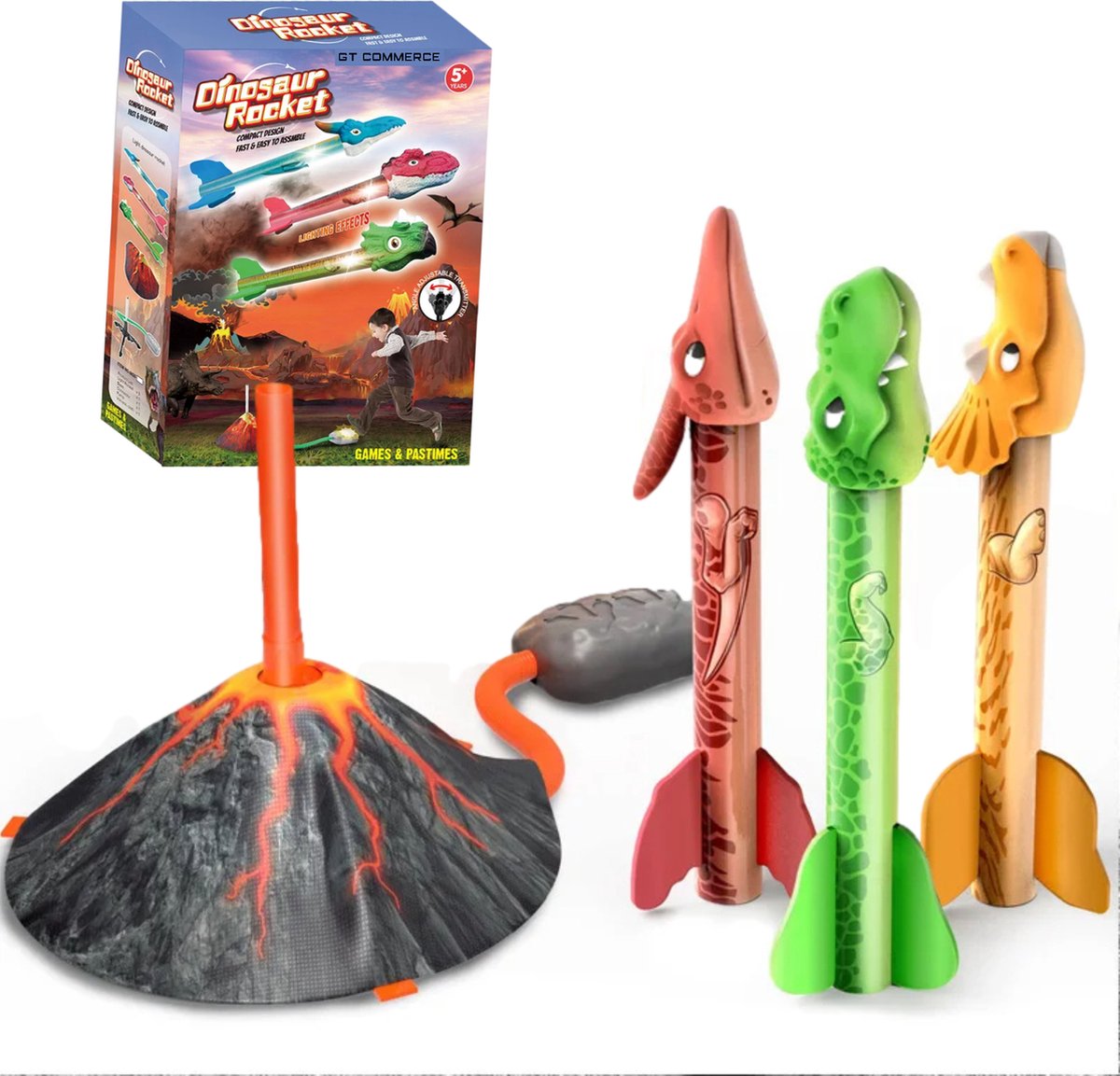GT Dinosaurus Stamp Raket schieten - Inclusief 3 dinosaurussen - Dinosaurus speelgoed rocket Speelset met Vulkaan Lanceerstation - Buitenspeelgoed Kinderspeelgoed voor Kinderen 2024 - 3 jaar 4 jaar cadeau - GT commerce
