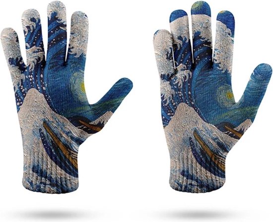 Elastische Touch Screen Handschoenen - Katsushika Hokusai - De grote golf van Kanagawa - The great wave of Kanagawa - Houtsnede - Maat: vrouwenhanden en kleinere mannenhanden - kunsthandschoenen - vrolijke creatieve wanten - kunst - art - gloves