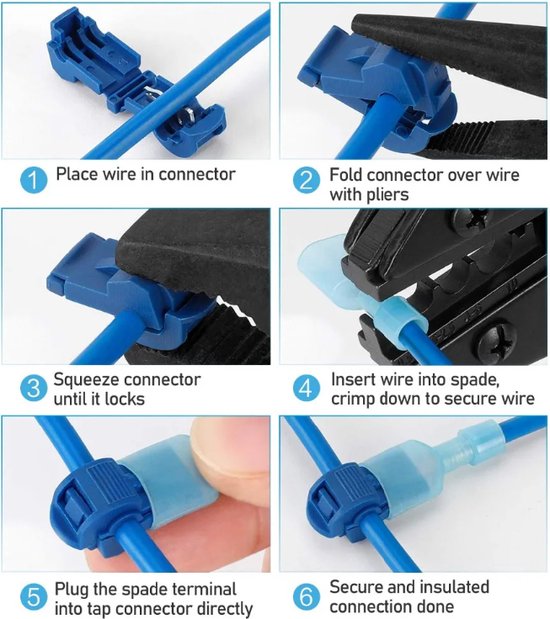 Foto: T tap draad connectors zelfstrippende snel splice elektrische draad terminals met ge soleerde mannelijke disconnect spade lock kabel crimp 5 paar blauw