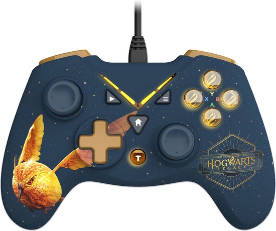 Donkerblauwe controller met gouden sterren, een vliegende gouden snitch, gouden knoppen en 'Hogwarts Legacy' logo.