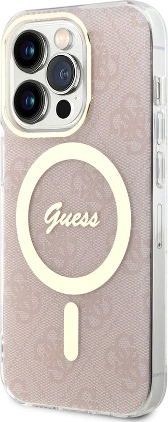 Coque Guess rose avec motif dentelle, logo Guess et compatibilité MagSafe.