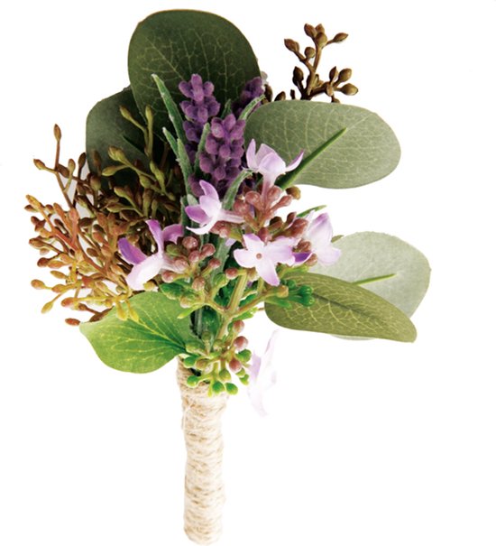 Boutonniere lavendel en kunstmatige eucalyptus paars en groen H15