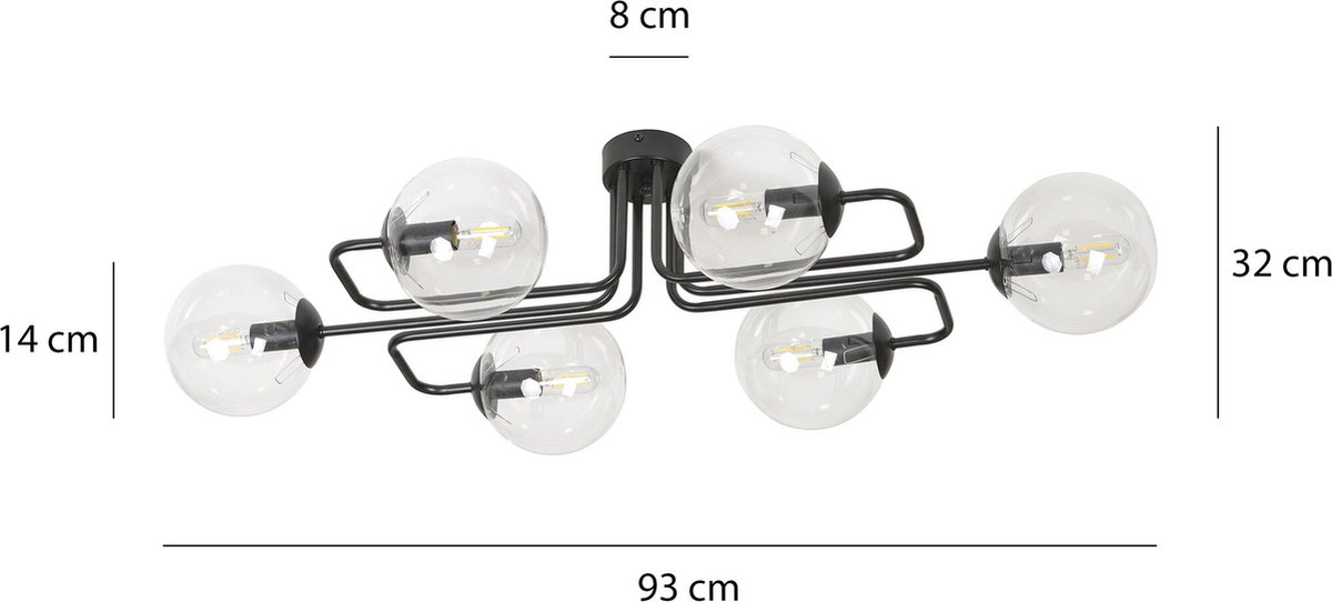 Emibig Kangasala toffe 6L plafondlamp zwart met transparant glas bollen E14 - Perfecte verlichting voor elke ruimte