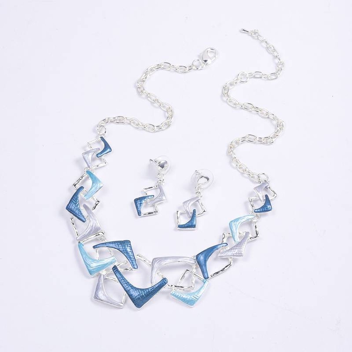 Ketting + oorbellen blauw - zilverkleur