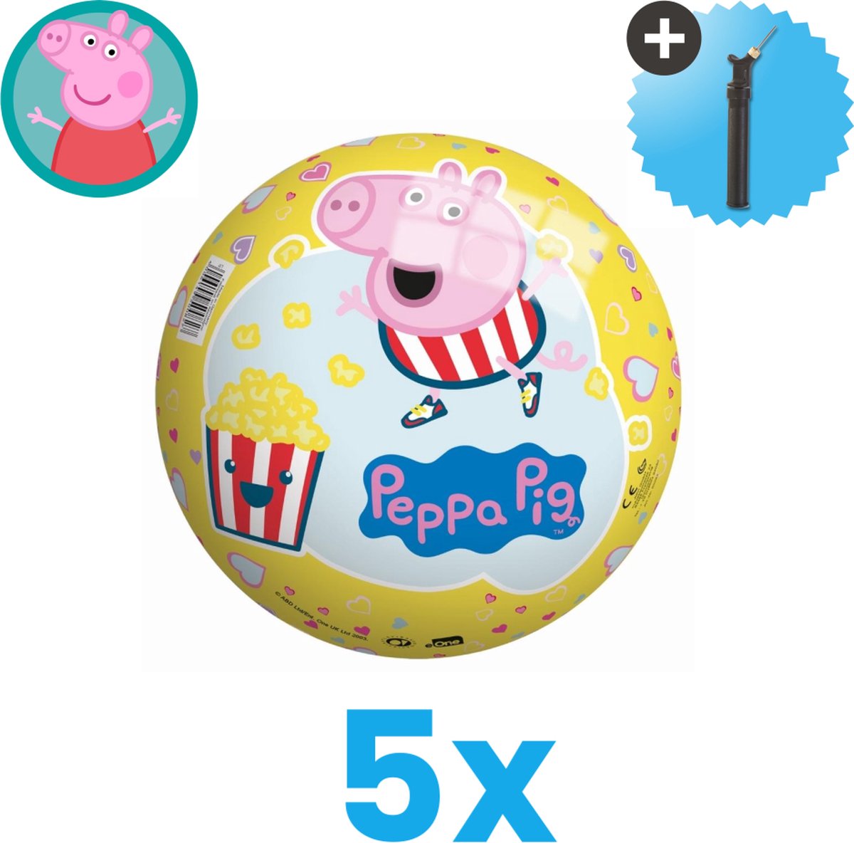 John Toys Peppa Pig Lichtgewicht Speelgoed Bal Kinderbal 23 cm Volumebundel 5 stuks Inclusief Balpomp