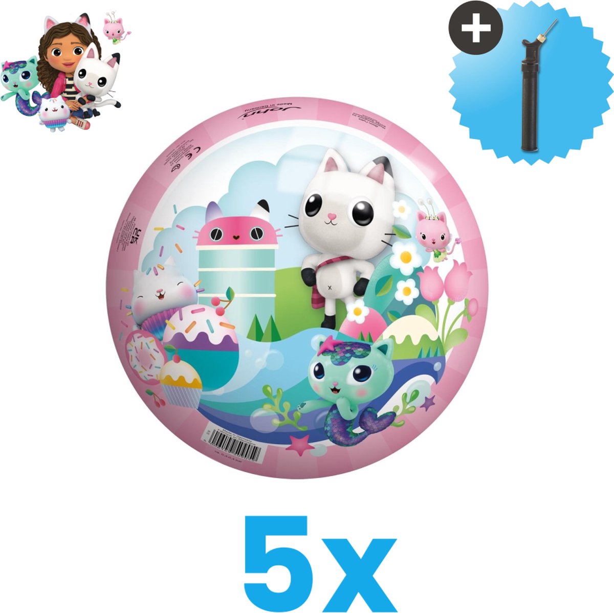 John Toys Gabby's Dollhouse Bal Lichtgewicht Speelgoed Bal Kinderbal 23 cm Volumebundel 5 stuks Inclusief Balpomp