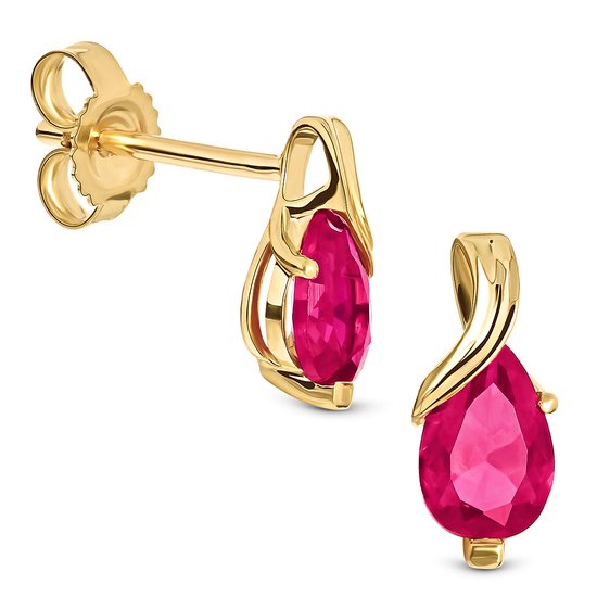 Miore® - Boucles d'oreilles en or avec Robijn rouge - Femme - Or 14 Goud - Boucles d'oreilles pendantes - Rouge - Rouge rubis - Bijoux faits main de haute qualité