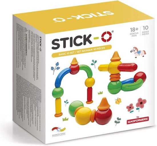 De verpakking van Stick-O Basic Set met magnetisch speelgoed, inclusief afbeeldingen van gebouwde constructies en een paardje.