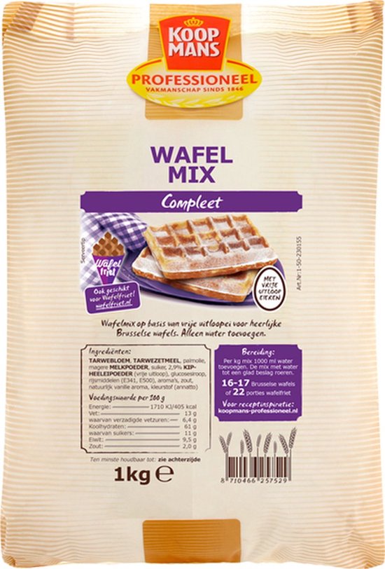 Verpakking met wafelmix, met afbeelding van 2 gepoederde Brusselse wafels op een paarse doek.