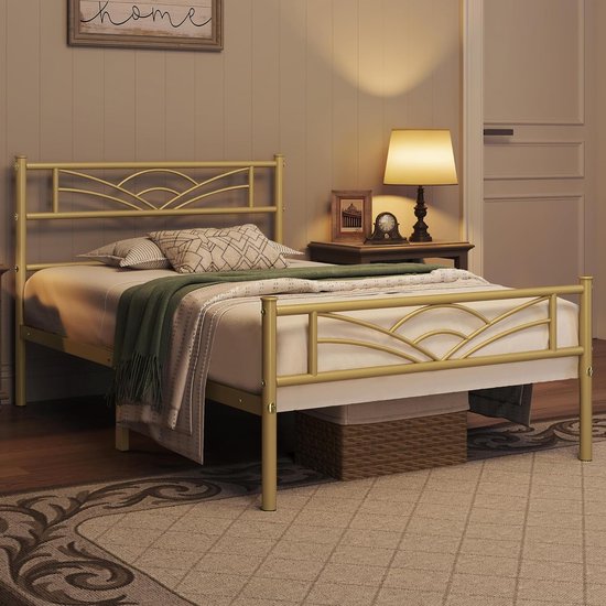 Bedframe met lattenbodem - Metaal - Voor tieners - Voor slaapkamer en logeerkamer - 90 x 190 cm - Antiek goud