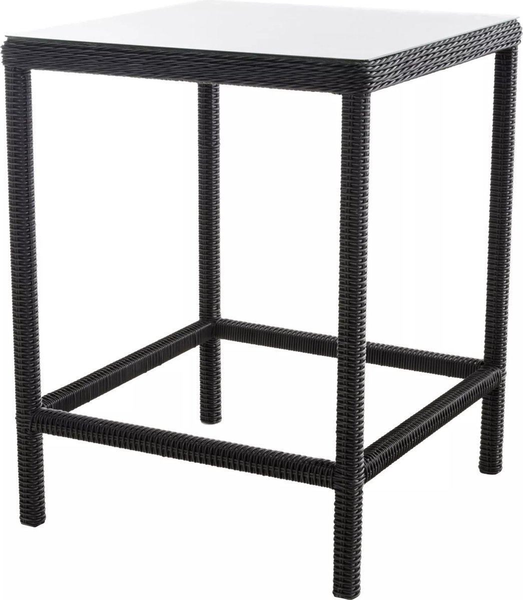 Donkergrijs en grijs kunststof tuintafel met glazen blad - 84 x 84 x 110,5 cm.
