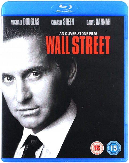 Voorkant Blu-ray van Wall Street met Michael Douglas in pak, met de tekst 'WALL STREET'.