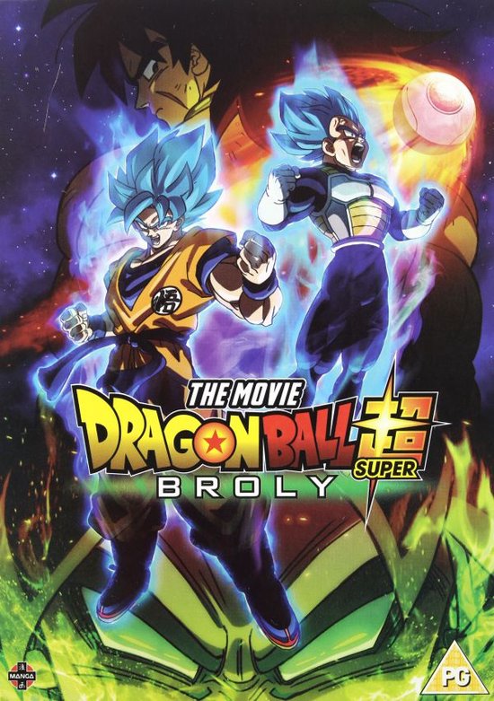 Cover van de film "Dragon Ball Super: Broly" met Goku en Vegeta in Super Saiyan Blue vorm, met Broly op de achtergrond.