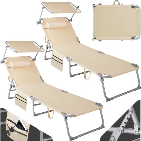 tectake® - Set van 2 ligbedden ligstoelen- 4 standen , inklapbaar -beige- 68 x 190 x 28 cm , met zijvak
