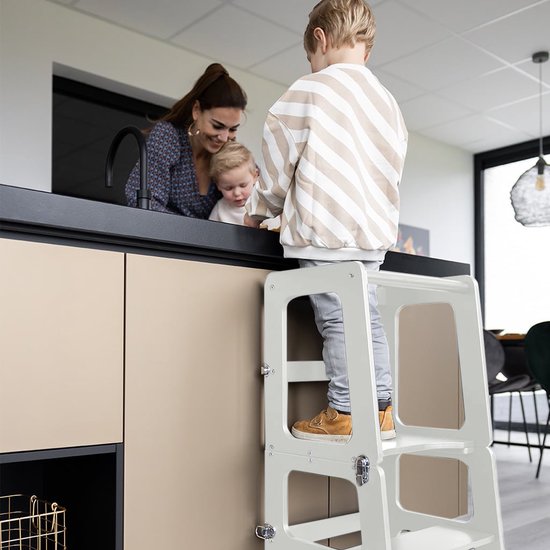 Jindl houten montessori leertoren 2-in-1 wit - Het handige hulpje in de keuken - Ook als tafeltje met stoeltje te gebruiken