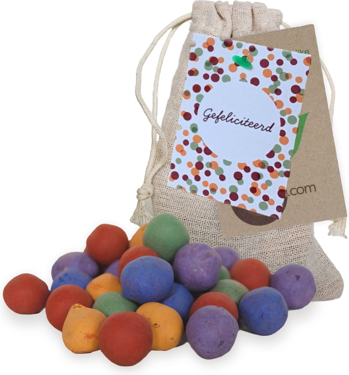Kaartje Gefeliciteerd met 50 Kleurrijke Zaadbommen in Jute Zakje - Zaadbom.com