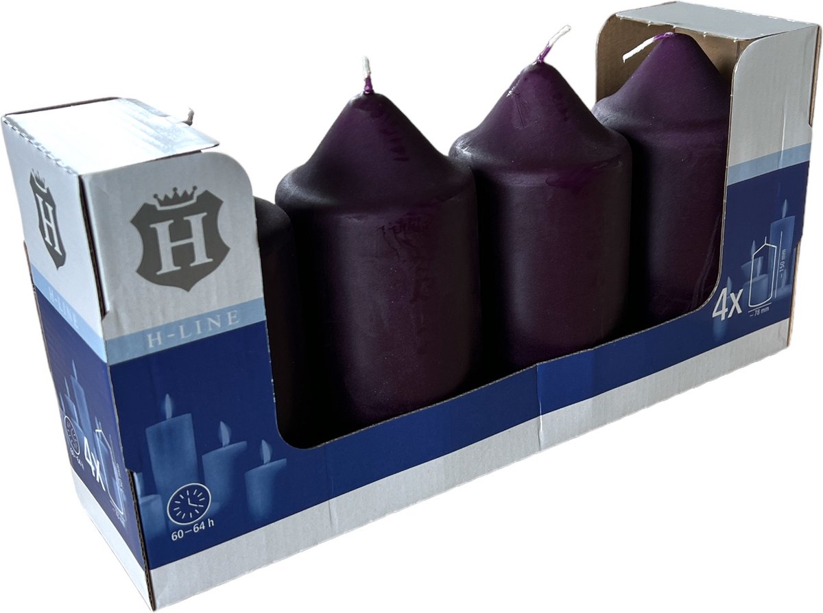 Professional Stompkaarsen, paraffine, Ø 7,8 x 15 cm, brandduur van ca. 64 uur, paars, 4 stuks