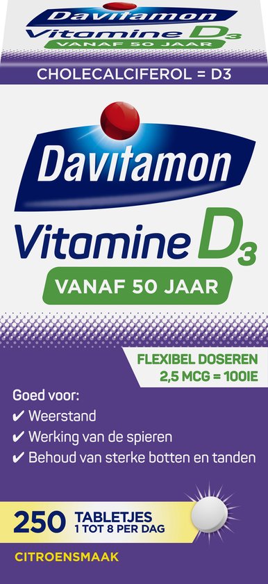 Davitamon Vitamine D3, 250 citroensmaak tabletjes voor 50+.